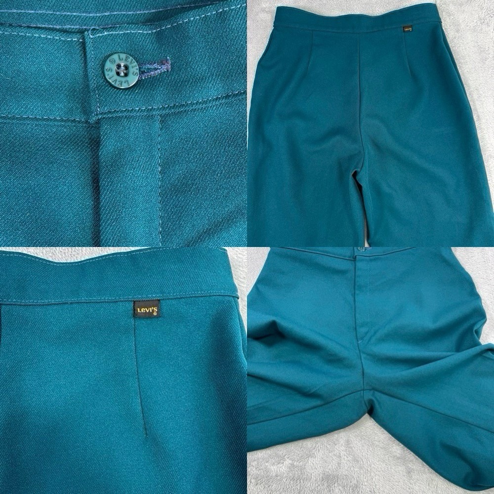 Vintage 70s Levi's 27x30 Sta-Prest Teal High Waist Wide Leg Flare Pants Trousers - Picture 6 of 10
